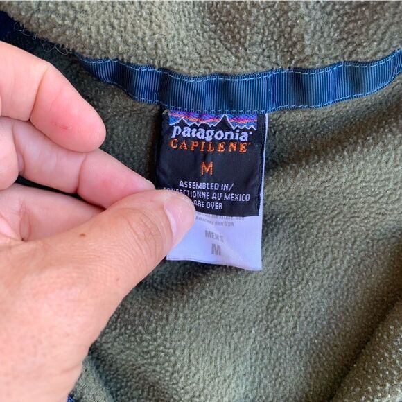 Patagonia Capilene Sweater Men Medium Fleece Green/ Blue 1/4 Zip Stand Up Neck - Picture 3 of 8